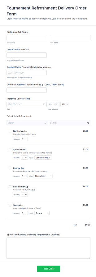 Tournament Refreshment Delivery Order Form Template