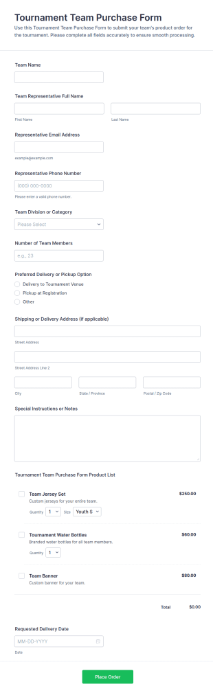 Tournament Team Purchase Form Template