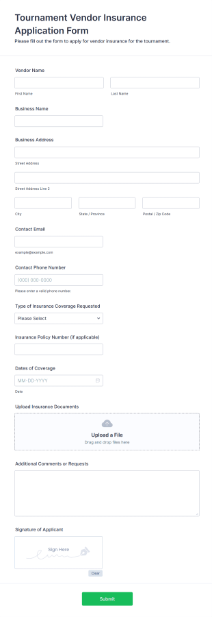 Tournament Vendor Insurance Application Form Form Template