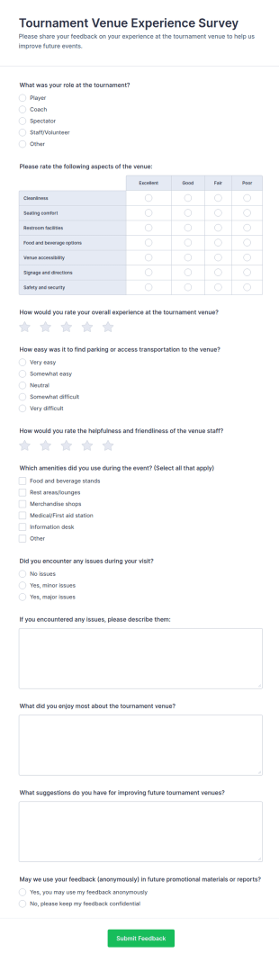 Tournament Venue Experience Survey Form Template