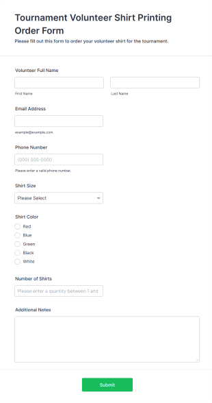 Tournament Volunteer Shirt Printing Order Form Template