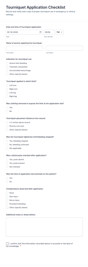 Tourniquet Application Checklist Form Template