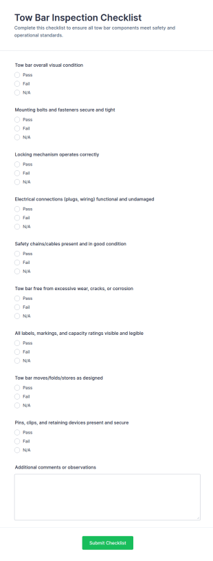 Tow Bar Inspection Checklist Form Template