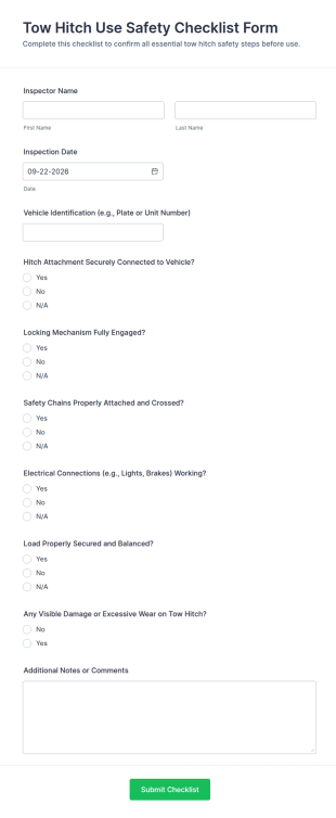 Tow Hitch Use Safety Checklist Form Template