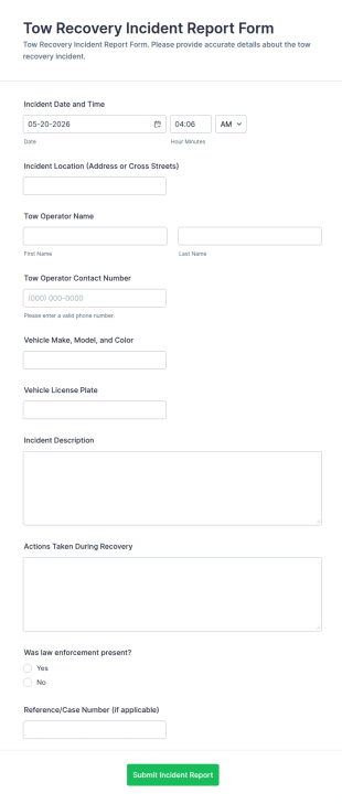 Tow Recovery Incident Report Form Template