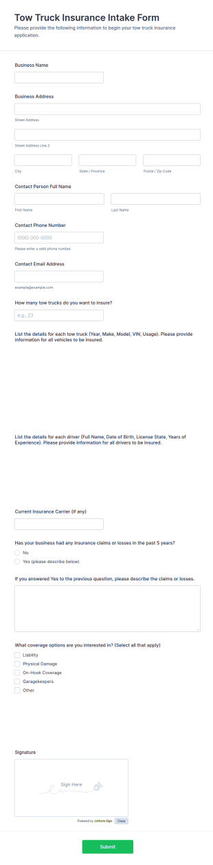 Tow Truck Insurance Intake Form Template