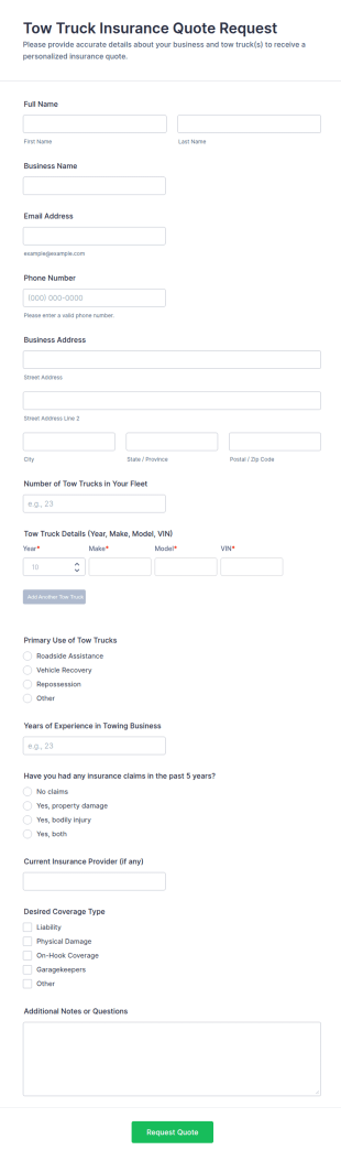 Tow Truck Insurance Quote Request Form Template