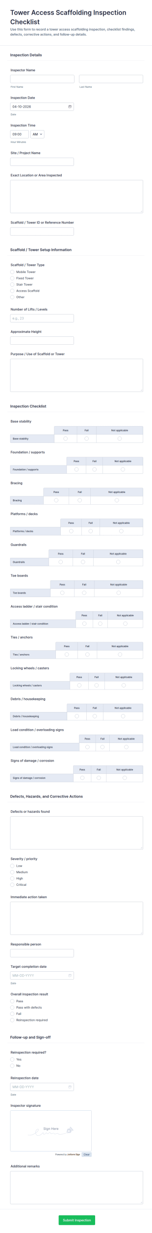 Tower Access Scaffolding Inspection Checklist Form Template