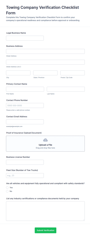 Towing Company Verification Checklist Form Template