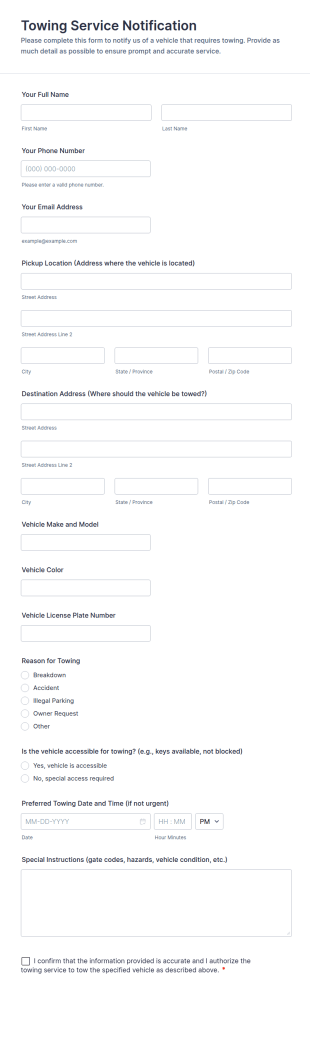 Towing Service Notification Form Template