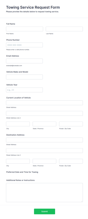 Towing Service Request Form Template