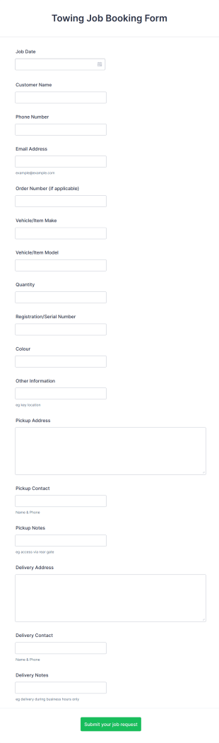 Towing Job Booking Form Template