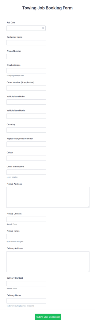 Towing Job Booking Form Template