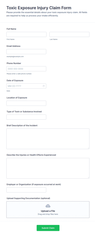 Toxic Exposure Injury Claim Intake Form Template