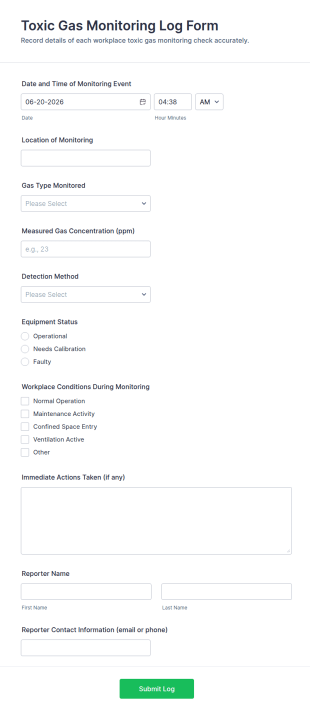 Toxic Gas Monitoring Log Form Template