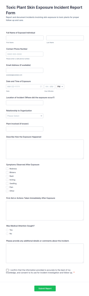 Toxic Plant Skin Exposure Incident Report Form Template