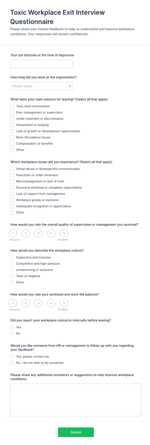 Toxic Workplace Exit Interview Questionnaire Form Template