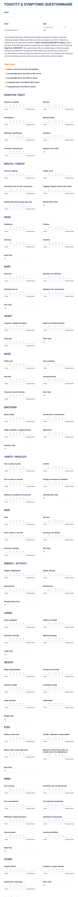 Toxicity Symptoms Questionnaire Form Template