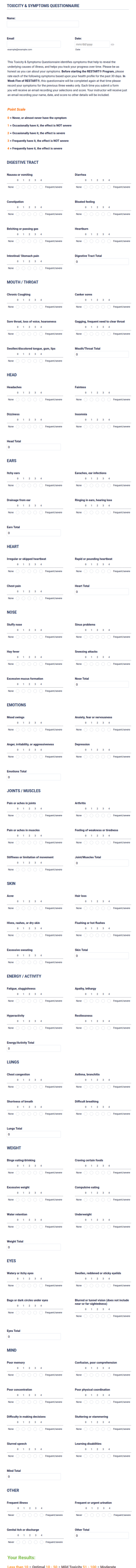 Toxicity Symptoms Questionnaire Form Template