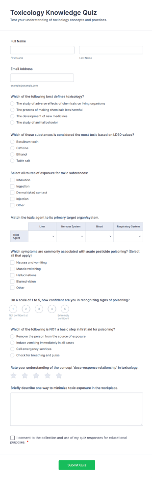 Toxicology Knowledge Quiz Form Template