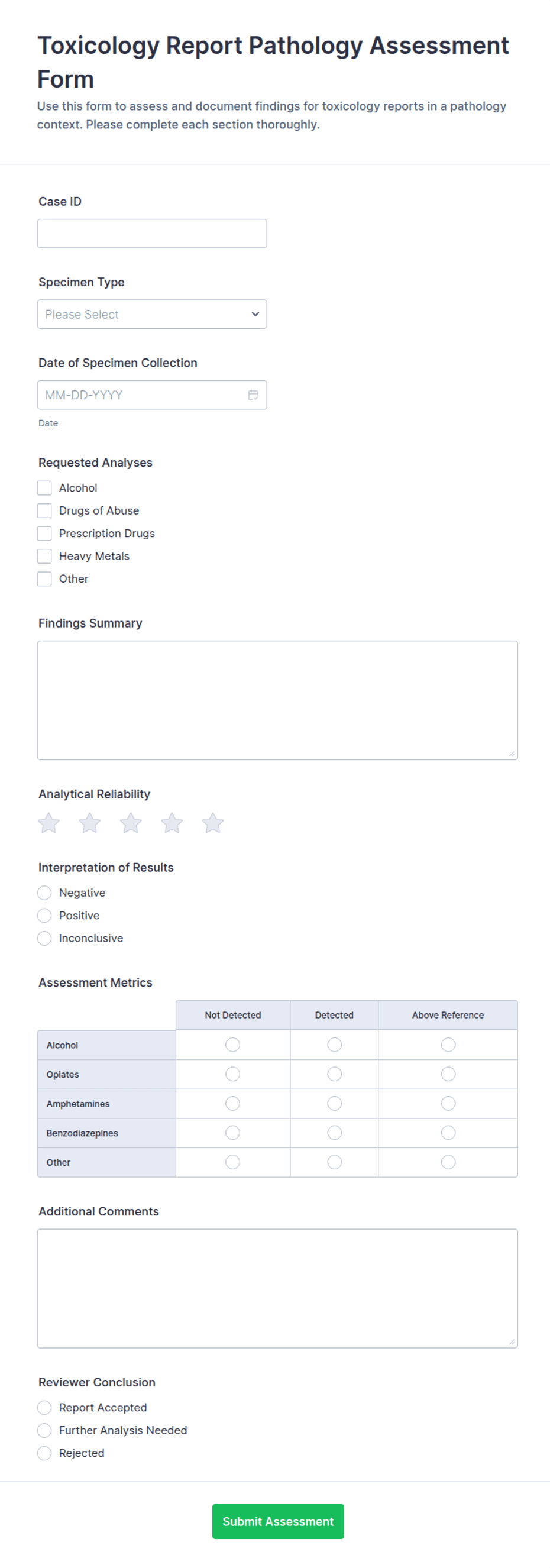 Toxicology Report Pathology Assessment Form Template | Jotform