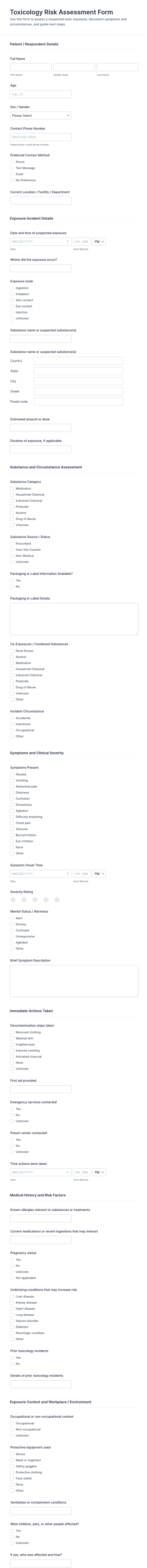 Toxicology Risk Assessment Form Template