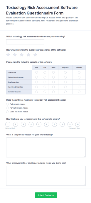 Toxicology Risk Assessment Software Evaluation Questionnaire Form Template