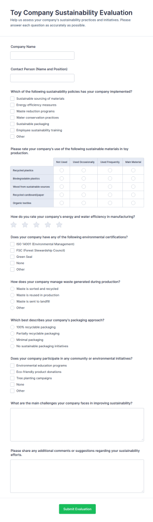 Toy Company Sustainability Evaluation Form Template