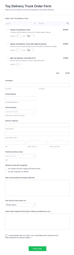 Toy Delivery Truck Order Form Template