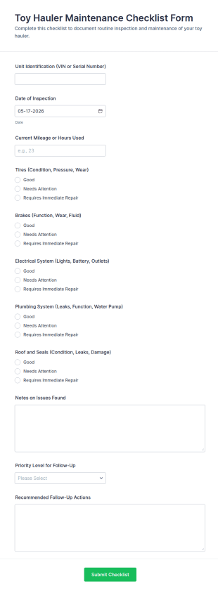 Toy Hauler Maintenance Checklist Form Template