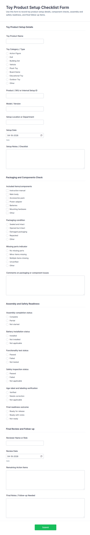 Toy Product Setup Checklist Form Template