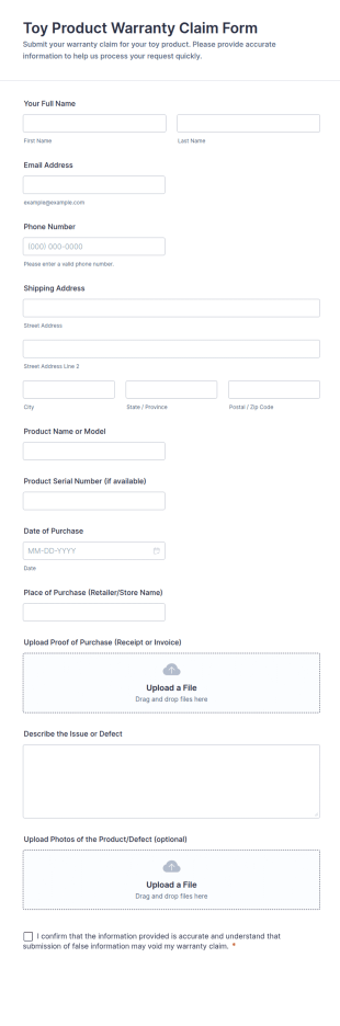 Toy Product Warranty Claim Form Template