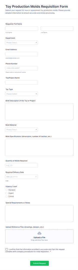 Toy Production Molds Requisition Form Template
