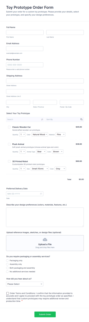 Toy Prototype Order Form Template