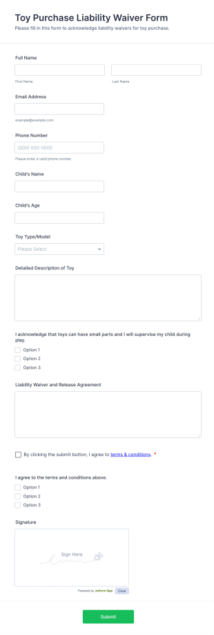 Toy Purchase Liability Waiver Form Template
