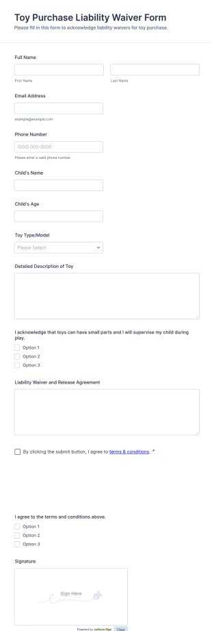 Toy Purchase Liability Waiver Form Template