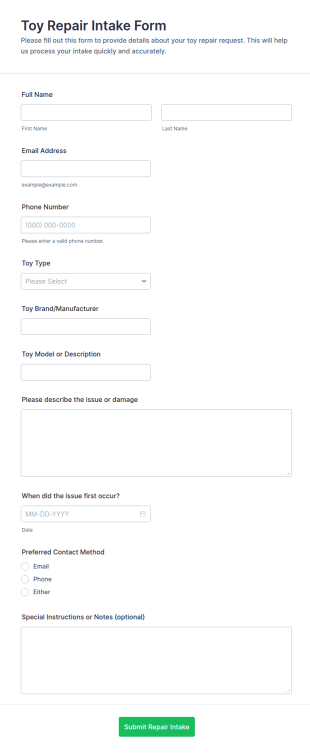 Toy Repair Intake Form Template