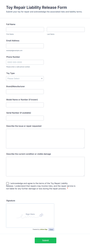 Toy Repair Liability Release Form Template