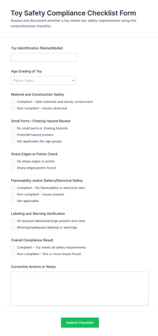 Toy Safety Compliance Checklist Form Template