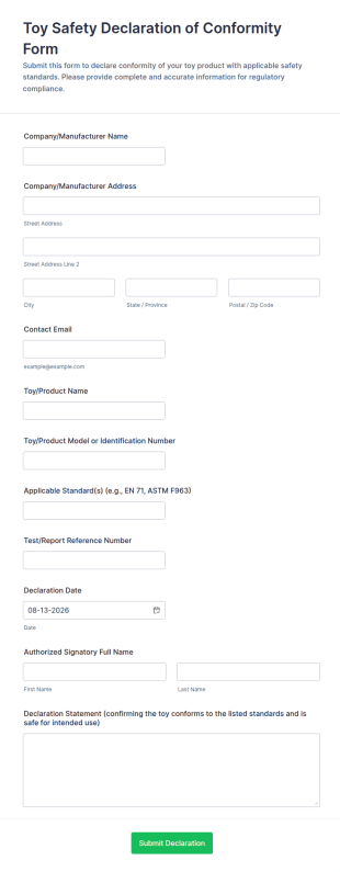 Toy Safety Declaration Of Conformity Form Template