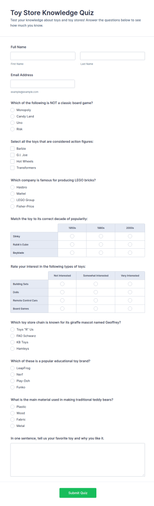 Toy Store Knowledge Quiz Form Template