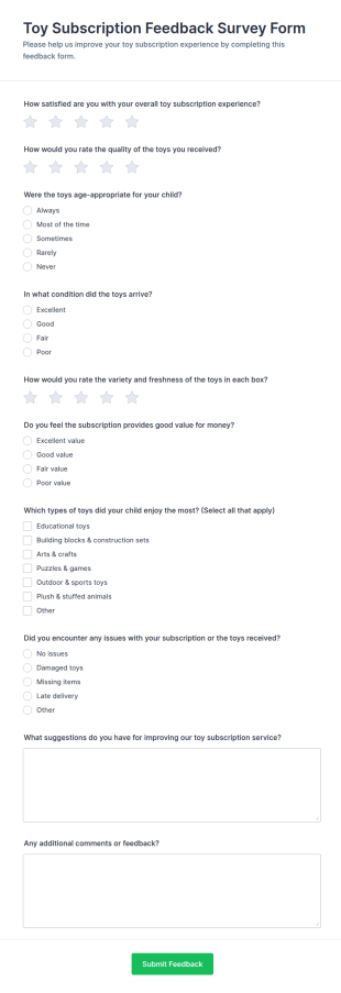 Toy Subscription Feedback Survey Form Template