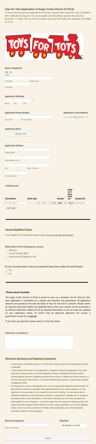 Toys For Tots Application Form Template