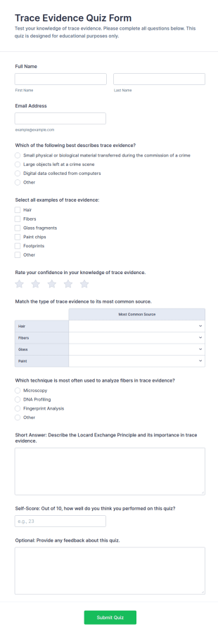 Trace Evidence Quiz Form Template