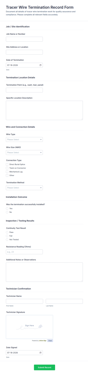 Tracer Wire Termination Record Form Template