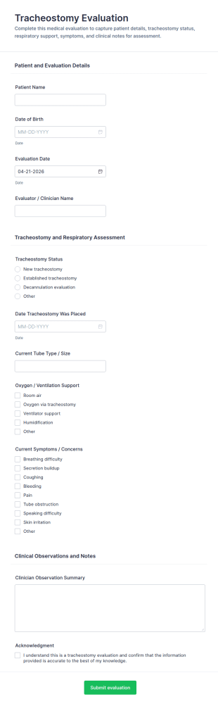 Tracheostomy Evaluation Checklist Form Template