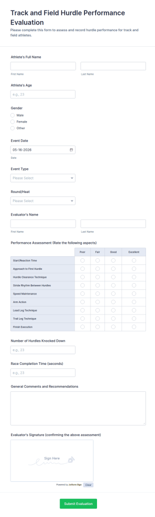 Track And Field Hurdle Performance Evaluation Form Template