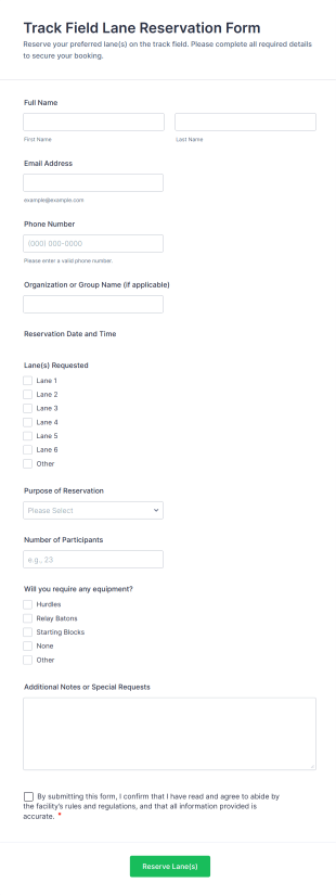 Track Field Lane Reservation Form Template