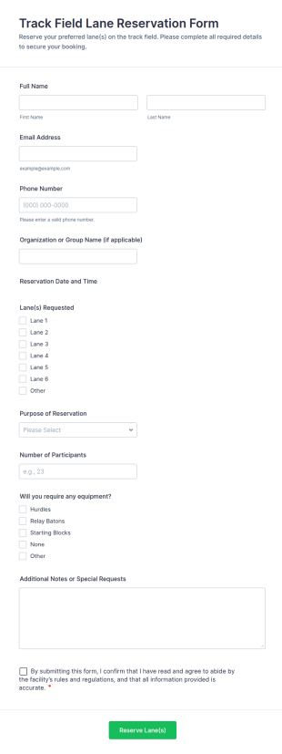 Track Field Lane Reservation Form Template