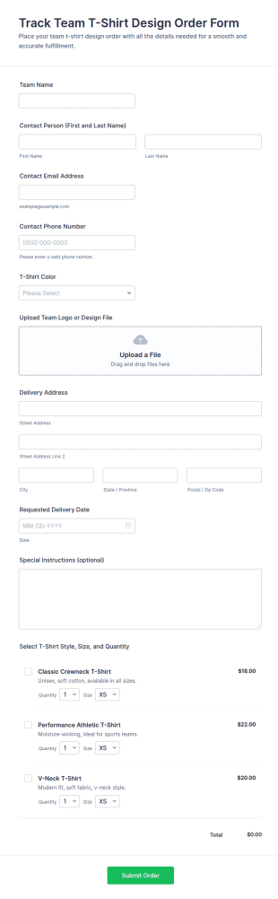 Track Team T Shirt Design Order Form Template
